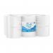 In this photo, there are 12 packs of 2-ply mini jumbo toilet rolls, each containing 150 meters of pure white paper. The rolls feature a cheerful smile pattern and are packaged with the brand name Purely Smile Toilet Roll.