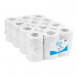 In the photograph, there are 12 rolls of Blake & White hand towel rolls. They have a pure white color and are 1 ply. Each roll has a length of 120m and the brand name is Purely Smile Mini Centrefeed Rolls.