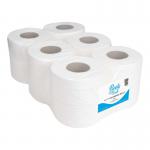 In the photo, you can see 6 Blake & White hand towel rolls. Each roll is pure white and has a length of 300 meters. These 1-ply centrefeed rolls are neatly stacked and ready for use. The brand name and product details are clearly printed on the packaging.