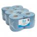 This picture features six blue hand towel rolls with a purely white pattern. Each roll has a length of 300m and is 1ply. The brand Blake & White is displayed on the packaging. The rolls are arranged neatly, creating a pleasing visual.