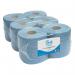 A stack of 6 Blake & White Hand Towel Rolls in blue packaging. The rolls are 2-ply and 150m long. The centrefeed design allows for easy dispensing and the rolls have a purely smile design. Perfect for any bathroom or kitchen.
