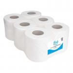 The photo shows six white hand towel rolls, each with a smiley face logo in the center. Each roll has two plies and contains 400 sheets. The packaging is labeled as Purely Smile Centrefeed Rolls.