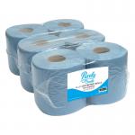 The image shows a pack of 6 white hand towel rolls with a blue stripe, each containing 300 sheets. The packaging features the brand name Blake & White and the product type Purely Smile Centrefeed Rolls in bold letters. The rolls are 2-ply for extra absorbency.