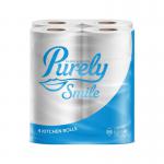The image shows a pack of Blake & White Kitchen Rolls and Food Wraps, alongside a pack of Purely Smile Kitchen Roll 2ply, totaling 10m, in a crisp white color. The pack contains 4 rolls and has the code PS1501 on it.