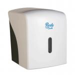 The photograph shows a sleek and modern bathroom with Blake & White hand towel dispensers, dryers, and a Purely Smile centrefeed dispenser all in white. The overall look is clean and professional, perfect for any type of restroom.