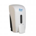 This picture shows two sleek and modern Blake & White soap dispensers, each capable of holding 1L of bulk fill soap or sanitizer. They are made of white plastic with a trendy smile design and feature the brands logo. The dispensers are easy to use and perfect for any commercial or public space.