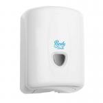 The photo captures a sleek, modern bathroom setting with Blake & White hand towel dispensers and dryers and a Purely Smile Mini Centrefeed Roll Dispenser in white. The clean lines and minimalist design give off an air of sophistication and functionality.