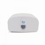 This picture shows the Robert Scott Tissue Dispensers Purely Smile Micro Mini Toilet Roll Dispenser in White. The dispenser is compact and minimalist, with a smooth surface and curved edges. The brand name is printed in small letters on the front, and the dispenser is designed to hold a single roll of toilet tissue. The color white gives it a clean and modern look.