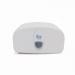 This picture shows the Robert Scott Tissue Dispensers Purely Smile Micro Mini Toilet Roll Dispenser in White. The dispenser is compact and minimalist, with a smooth surface and curved edges. The brand name is printed in small letters on the front, and the dispenser is designed to hold a single roll of toilet tissue. The color white gives it a clean and modern look.