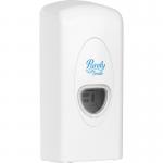 The photograph shows two modern Blake & White soap dispensers, one for soap and one for sanitizer. They are both bulk fill and have a 1L capacity. The automatic dispenser is white and features the Purely Smile logo.