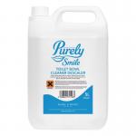 The photo captures a Blake & White washroom and toilet sparkling and spotless, thanks to the powerful cleaning action of Purely Smile Toilet Bowl Cleaner. The 5L bottle shines in the background, with a bright and inviting label.