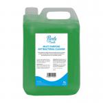A photograph of Blake & White Multipurpose Cleaner shows a large 5L bottle with a label stating Purely Smile Multi Surface Cleaner Antibacterial. The bottle is white with black lettering and a simple logo. The cleaner promises a versatile and effective solution for various surfaces.