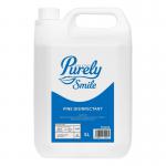 The image shows a 5L bottle of Blake & White Disinfectant Purely Smile Premium Pine Disinfectant. The label features an image of a smiling pine tree with a clear description of the product and its size. The bottle itself has a sleek design, with a white and blue color scheme.