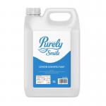 The image shows a 5L bottle of Blake & White Disinfectant Purely Smile Lemon Disinfectant. It has a bright yellow label with the product name and a smiling lemon graphic. The bottle is opaque and has a white cap. Its contents are clearly visible through the transparent side panel.