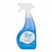 The photo shows a 750ml trigger bottle of Blake & White Window Cleaning Purely Smile Glass and Stainless Steel Cleaner. The label features a bright smiley face with the brand name in bold font. The liquid inside is clear and the trigger has a purple cap. The bottle is sitting on a reflective surface, giving it a sleek and modern look.