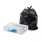 The photograph captures a stack of sturdy, black bin liners from Blake & White. The heavy duty materials and standard size make them perfect for any household or workplace. Comes in a box of 200 for convenience.