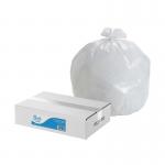 This picture features a box of 1000 Blake & White Office Bin Liners Purely Smile Square Bin Liner in a light duty design. The liners are neatly stacked and ready for use. The packaging is white with black text and a smiley face logo.