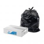 The photo shows a stack of pure white heavy duty bin liners, with the brand name Blake & White and the product type Compactor Sack clearly visible. The liners are black and extra heavy duty, with a box containing 100 of them. The packaging has the code PS3211 printed on it.