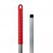 The image shows a pair of black and white mop handles with a purely smiling design on the socket, made of sturdy aluminium material in a bold red color.