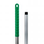 The photograph shows two sleek black and white mop handles, one with a purely smile socket design, made of lightweight aluminium. The handles are accompanied by a bright green mop head, creating a clean and modern look.