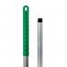 The photograph shows two sleek black and white mop handles, one with a purely smile socket design, made of lightweight aluminium. The handles are accompanied by a bright green mop head, creating a clean and modern look.