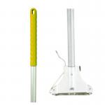 In the image, there are two mop handles, one in black and one in white. Both handles have a purely clean appearance, with gleaming silver metal clips and smooth, polished aluminium surfaces. The yellow Kentucky Mop Handle stands out among the rest, adding a pop of color to the otherwise monochromatic scene. A sense of cleanliness and efficiency is conveyed through the simple yet effective design of these handles.