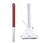 In the photo, two mop handles stand side by side against a white background. The handles are made of robust aluminum with a metal clip at the end. One handle is red and the other is white, creating a sleek and clean contrast. The handles look strong and secure, and they each have a small smile on their faces, as if theyre ready to tackle any mess with ease.