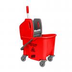 This photo features the classic design of the Blake & White Buckets Purely Smile Kentucky Mop Bucket and Wringer, with a bright 25 litre red container and sturdy handle. The mop wringer is conveniently attached to the side, making it easy to use and transport.