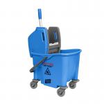 A picture of the Blake & White Buckets Purely Smile Kentucky Mop Bucket and Wringer features a 25 litre capacity, vibrant blue color, and an ergonomic design. The mop wringer is attached to the side of the bucket, making it convenient and easy to use. The smiling logo adds a touch of personality to this functional cleaning tool.