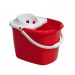 In the image, a red plastic mop bucket with a wringer can be seen. The bucket has the brand name Blake & White Buckets written on it and has a capacity of 15 litres. The bucket features a purely smile design, adding a touch of playfulness to the functional cleaning tool.