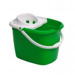 This picture features a vibrant green plastic mop bucket with a built-in wringer. It is labeled Blake & White Buckets Purely Smile and has a capacity of 15 litres. The product is in excellent condition and exudes cleanliness and practicality.