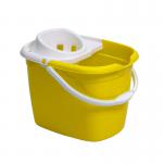 The photograph captures a Blake & White Buckets Purely Smile Plastic Mop Bucket with Wringer in vibrant yellow, with a capacity of 15 Litres. The bucket features a built-in wringer and has a smooth surface, perfect for tackling any cleaning task. The bright color and simple design exude a clean and efficient feel.