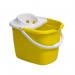 The photograph captures a Blake & White Buckets Purely Smile Plastic Mop Bucket with Wringer in vibrant yellow, with a capacity of 15 Litres. The bucket features a built-in wringer and has a smooth surface, perfect for tackling any cleaning task. The bright color and simple design exude a clean and efficient feel.