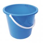 The picture shows two Blake & White plastic buckets with a capacity of 9 litres each. They are round in shape and have a vibrant blue colour. The buckets are purely smiling, giving off a cheerful vibe. They are made of durable plastic material.