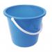 The picture shows two Blake & White plastic buckets with a capacity of 9 litres each. They are round in shape and have a vibrant blue colour. The buckets are purely smiling, giving off a cheerful vibe. They are made of durable plastic material.