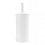 The photograph shows a Blake & White Washroom Systems Purely Smile Toilet Brush Set in a fully enclosed design. The handle and base are white, with sleek and modern curves. The brush is hidden in a clean, hygienic and compact white container.