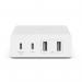 This picture features a collection of Belkin power adapters in white. Included are chargers for mobile devices, notebooks, smartphones, and tablets.