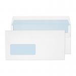 The photograph shows a stack of miscellaneous sized envelopes from Blake Everyday, made of white 90gsm paper. The envelopes have a self-seal closure and a window on the front. The dimensions are 110x220mm and there are 1000 envelopes in the pack.