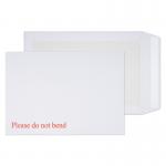 The photo shows a stack of 125 white peel & seal envelopes made of 120gsm board and measuring 324x229mm. Each envelope features a back pocket for extra security. The brand Blake Packaging is visible on the packaging.