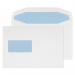 The photo showcases a stack of white, gummed mailers with a convenient window and durable 90gsm texture. The envelopes are 162x238mm in size and come in a pack of 500 from the brand Blake.
