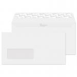 A photograph of Blake Miscellaneous Sized Envelopes shows a pack of 500 premium business envelopes in Diamond White Laid with a convenient Peel & Seal closure. Each envelope measures 110x220mm and is made of 120gsm paper, perfect for professional use. The window feature adds a touch of elegance.