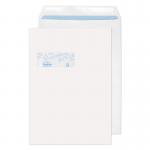 The photo shows a stack of Blake Miscellaneous Sized Envelopes in the color white. These envelopes have a window and are self-sealing. They are sized at 324x229mm and have a weight of 100gsm. The pack contains 250 envelopes.