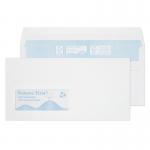 The photo shows a stack of Blake miscellaneous sized envelopes in environmental white color. The envelopes have a window and are self seal, with dimensions of 110x220mm. They are made from 90gsm paper and come in a pack of 1000.