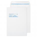 This photo features a stack of white envelopes with a convenient self-sealing pocket and a clear window for efficient mailing. These envelopes are available in a variety of sizes and are made with environmentally-friendly materials.
