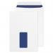 The picture shows a pack of 500 Blake Miscellaneous Sized Envelopes made of Pure Super White Wove material. They come with a convenient window and a Peel & Seal pocket for easy closure. Each envelope measures 229x162mm and has a weight of 120gsm.