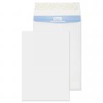 This photograph features a pack of 100 Blake Secure White Peel & Seal Tear Resistant Gusset Envelopes. Each envelope measures 381x254mm and is made from 125gsm paper. The gusset design allows for expansion and the peel & seal closure ensures secure packaging.