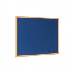 In the image, a rectangular-shaped blue felt noticeboard is mounted on a blue oak MDF frame. The noticeboard measures 90x60cm and features a subtle earth design. The smooth surface of the felt is perfect for pinning up papers and documents. The blue oak frame adds a touch of elegance to the overall appearance.