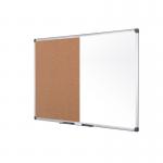 The photo shows the Bi-Silque Combi Notice Boards by Bi-Office, featuring a cork and dry-wipe surface. The board measures 90x60cm and is equipped with XA0302170 BQ26217, making it versatile and practical for personal or professional use. The combination of materials and size make this a sleek and efficient addition to any workspace.