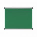 The picture shows a rectangular felt noticeboard, measuring 60x45cm, in a vibrant green color. The top and bottom edges have a smooth, silver-colored frame. The felt surface is soft and textured, perfect for pinning notes and memos. The board is mounted on a wall with four silver corner brackets, giving it a sleek and professional look. A clear, crisp image of this Bi-Silque noticeboard showcases its durability and modern design.