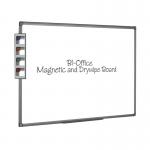 The photograph showcases a sleek, aluminium-finished Bi-Office magnetic whiteboard measuring 600x450mm. It features a clean, glossy surface perfect for writing and displaying important information. The board is accented with a magnetic strip along the top for easy attachment of notes and documents.